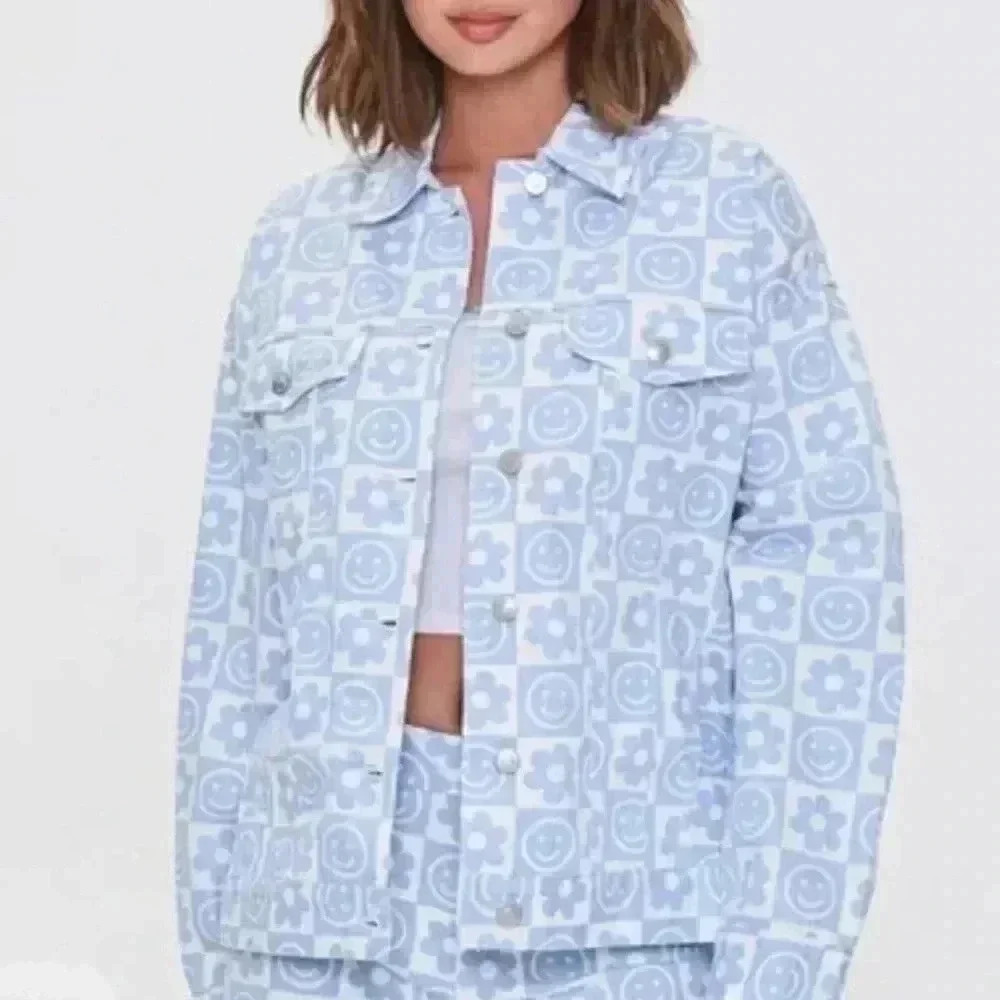 Forever 21 Light Blue Patterned Denim Jacket